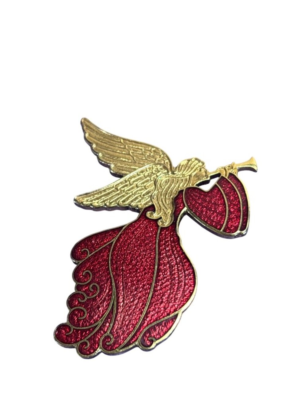 Vintage Fish and Crown Marked Cloisonne Enamel Angel Brooch Red Goldtone 2 inch
